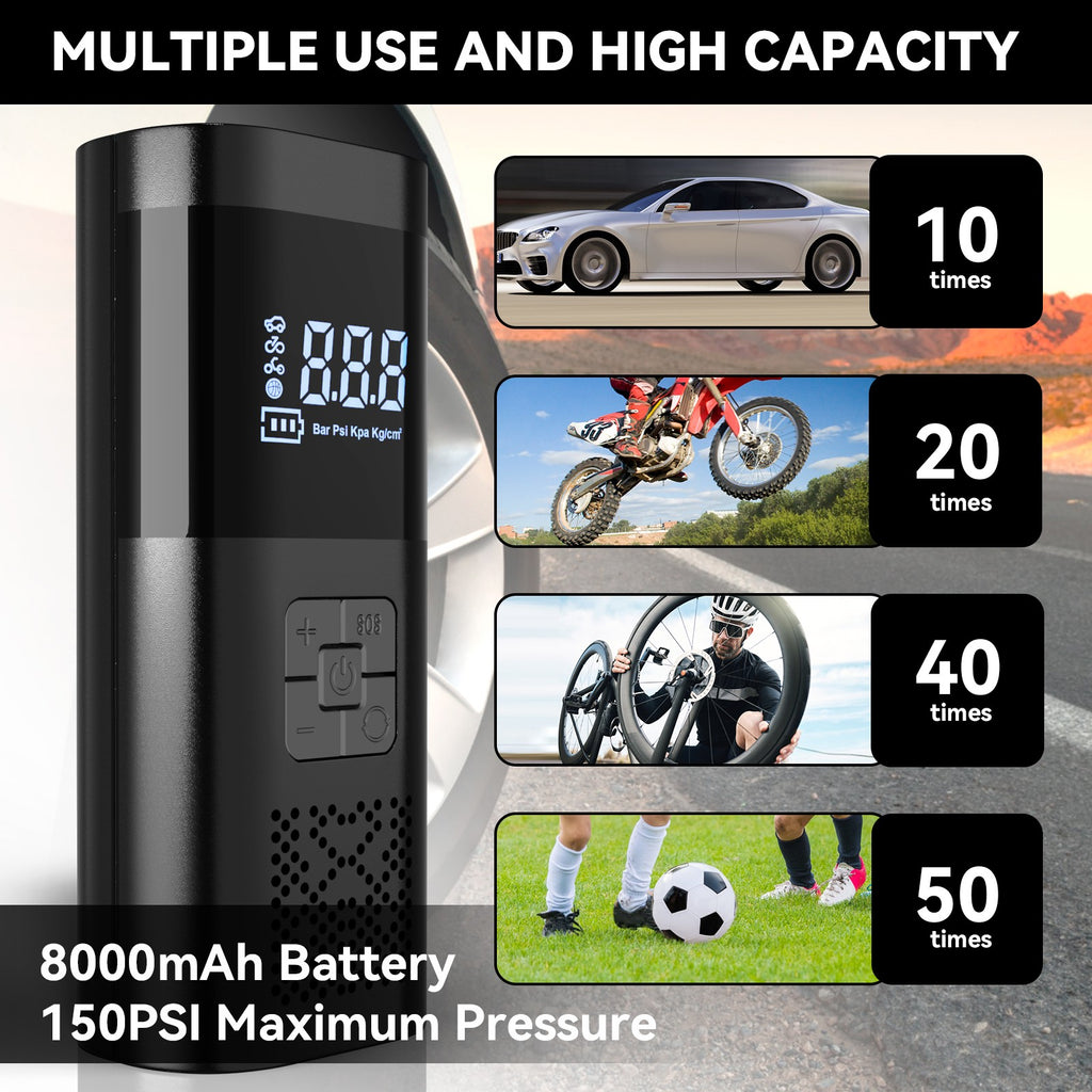 The Oz Bargains Shop™ PowerAir Max – 8000mAh Cordless Tyre Inflator | Rechargeable Electric Air Pump for Car, Bike & Motorcycle