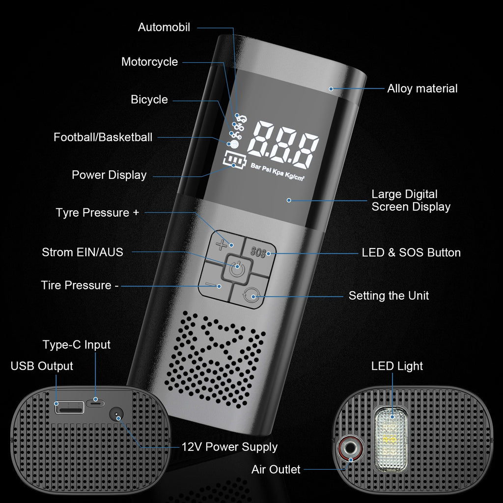 The Oz Bargains Shop™ PowerAir Max – 8000mAh Cordless Tyre Inflator | Rechargeable Electric Air Pump for Car, Bike & Motorcycle